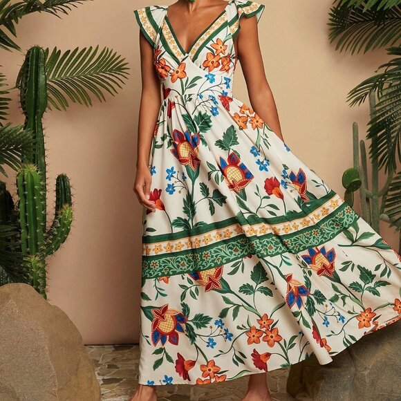 Dresses & Skirts - Green Boho Tropical Print V-Neck Cap Sleeve Backless Women's Dress